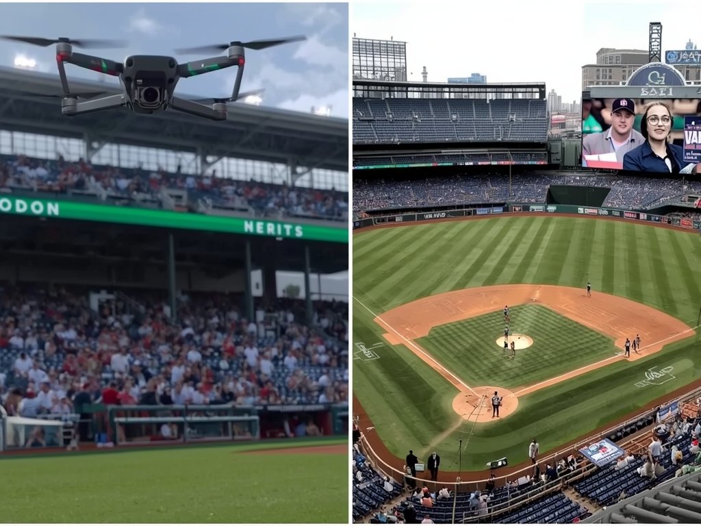 A split-screen image: one side shows a drone flying near