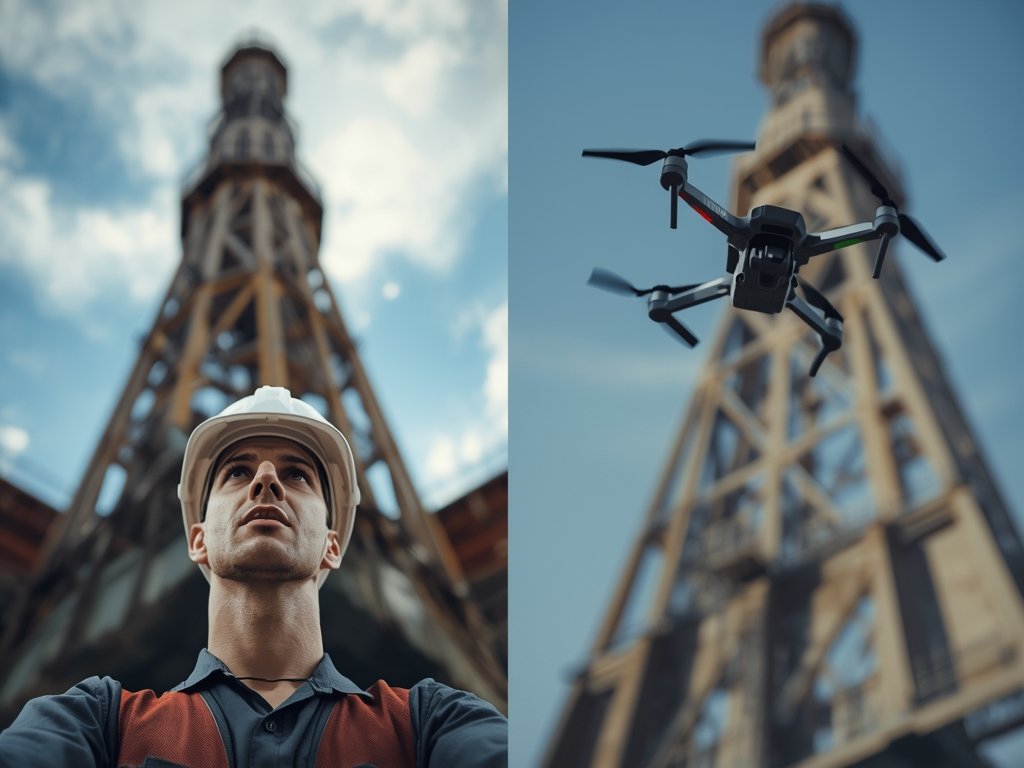 A split-screen image: one side shows a worker inspecting a