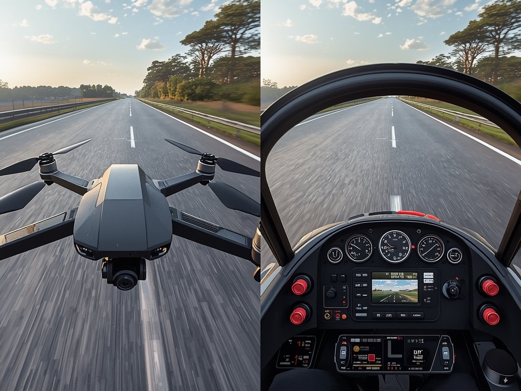A split-screen image: one side shows a traditional drone’s third-person