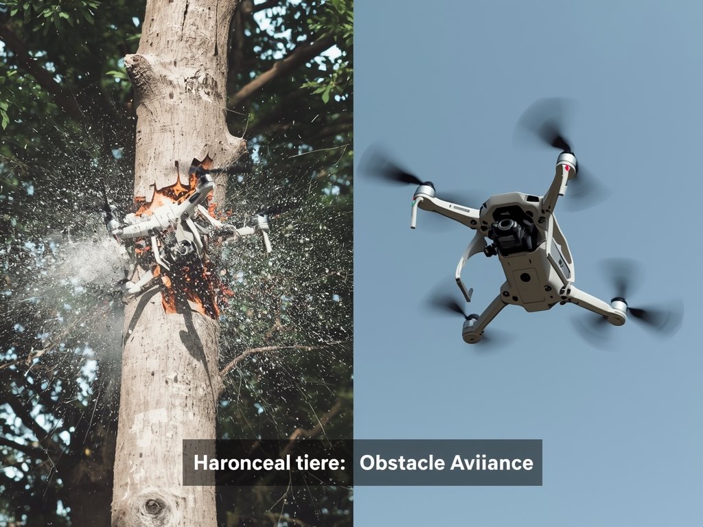 A split-screen image: one side shows a drone crashing into