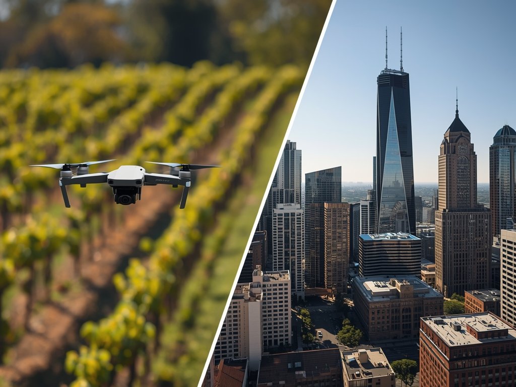 A split-screen image showcasing a drone surveying a sprawling vineyard
