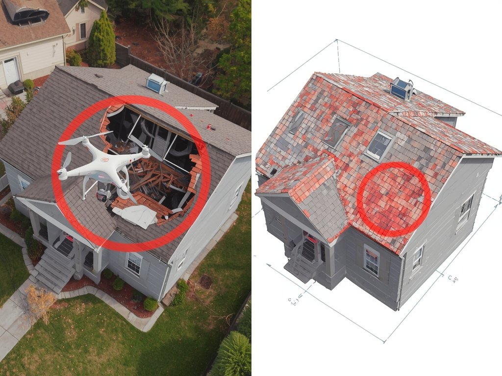 A split-screen image showing a drone surveying a damaged roof