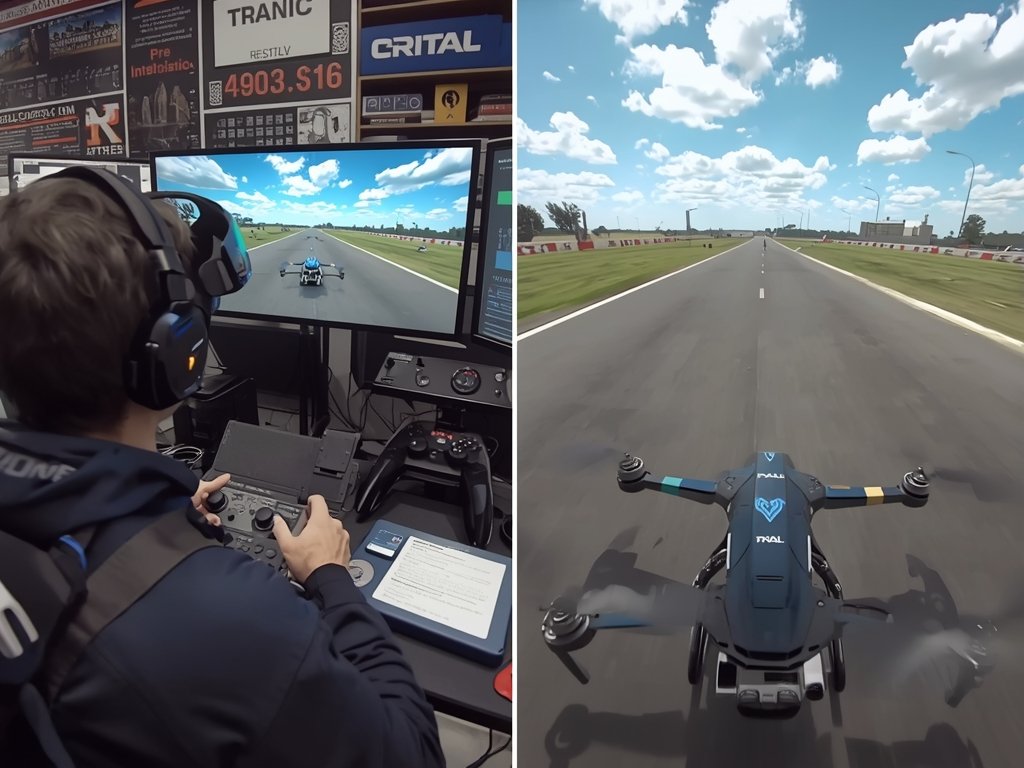 A split-screen image showing a drone simulator setup on the