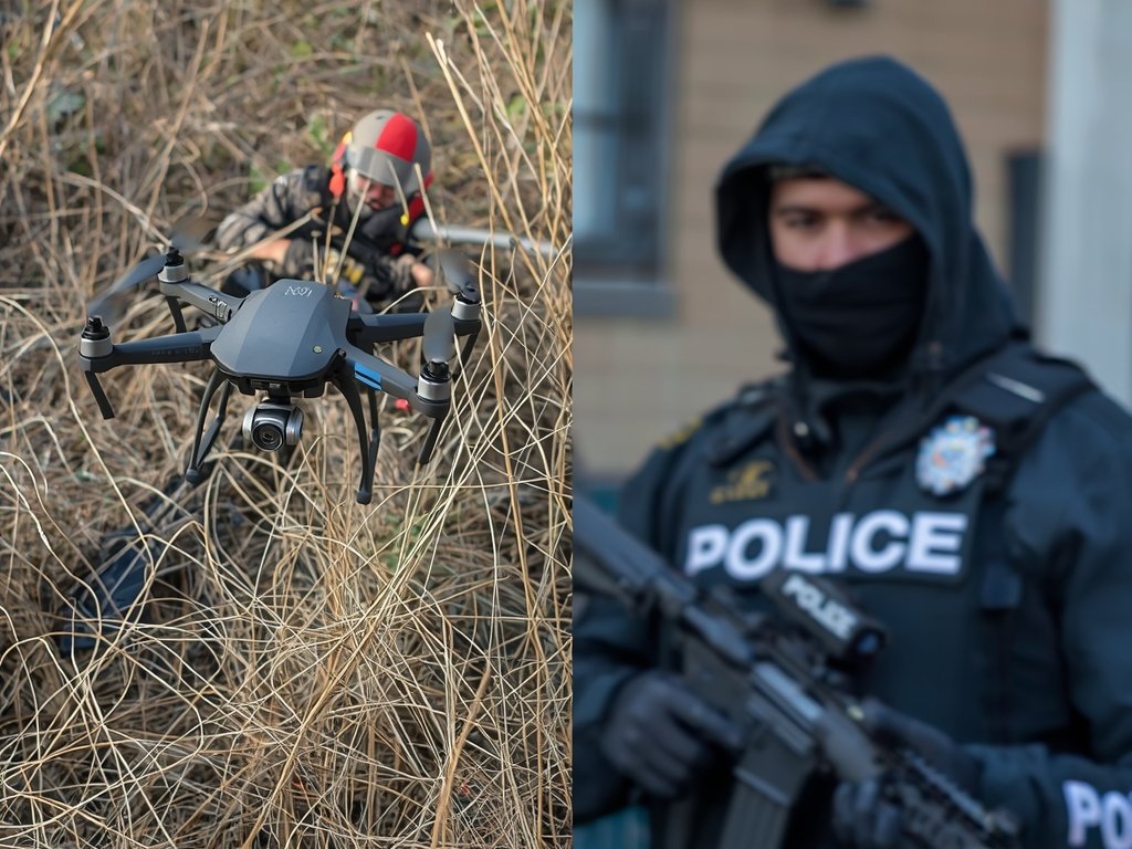 A split-screen image showing a police drone in action during