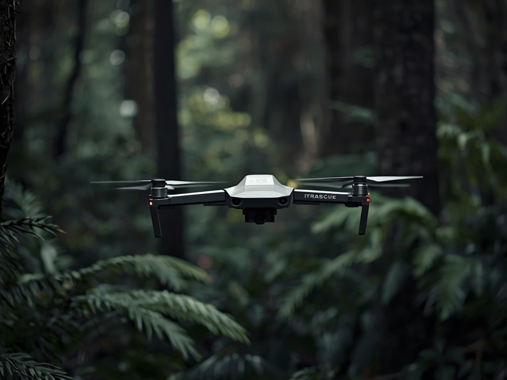 A stealth drone conducting a search and rescue mission in