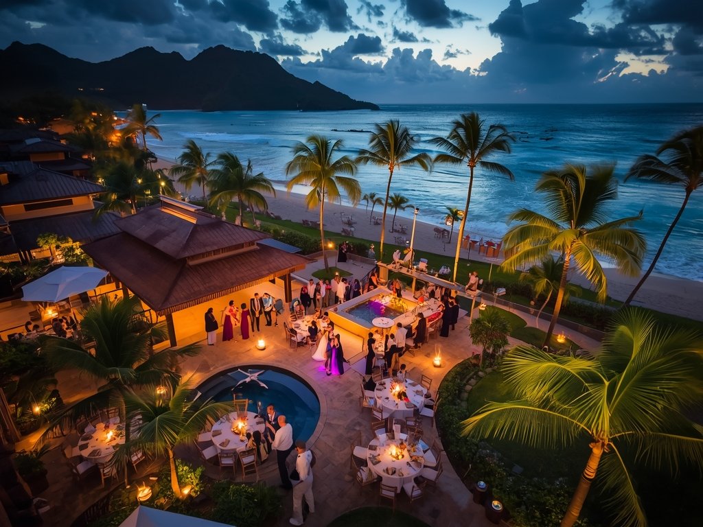 A stunning aerial shot of a wedding reception at a