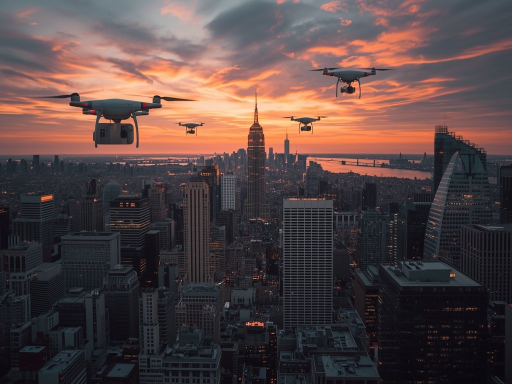 A stunning aerial view of a bustling cityscape at sunset,