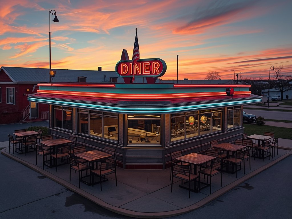 A stunning zoom drone photo of a classic American diner