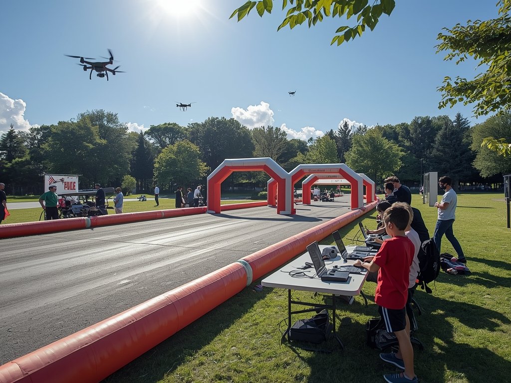 A sunny outdoor race track in a park, with drones