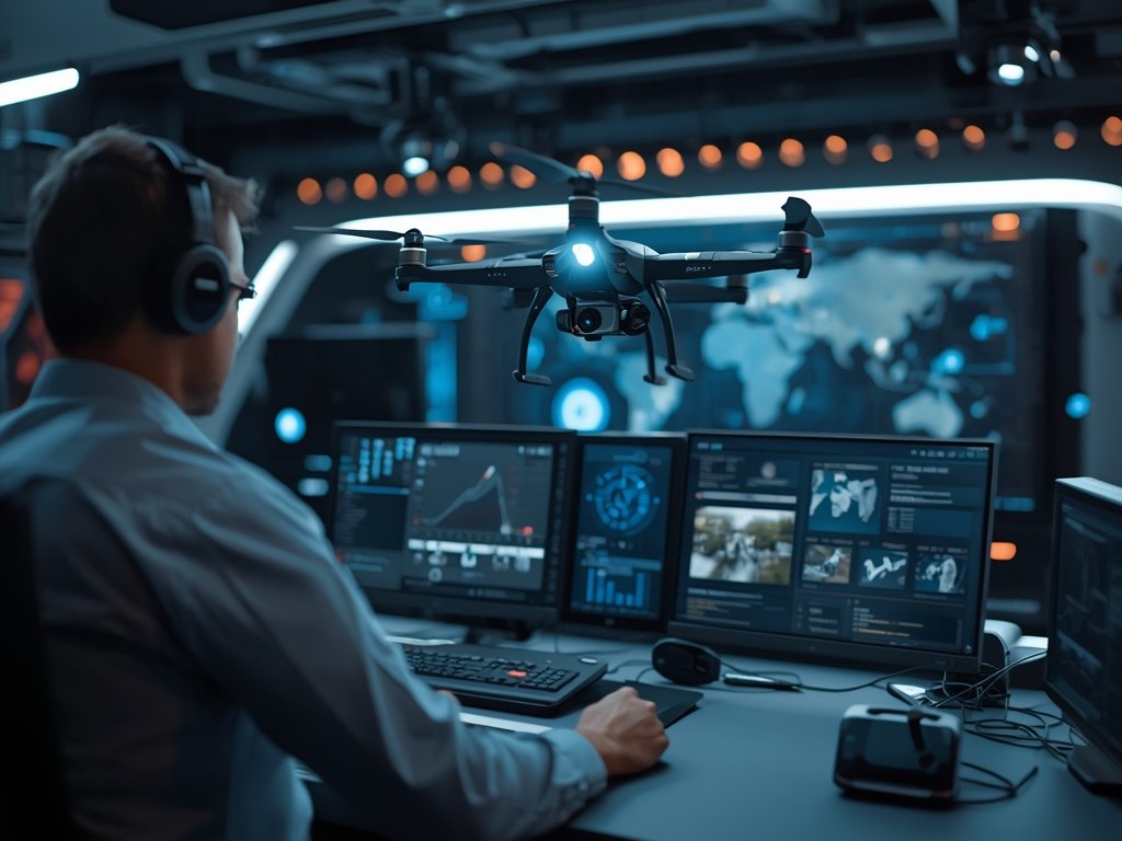 A surveillance drone connected to a network of smart devices,