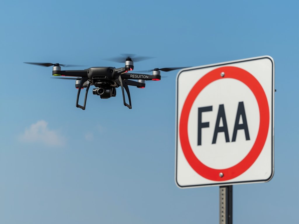 A surveillance drone flying alongside a FAA regulatory sign, with