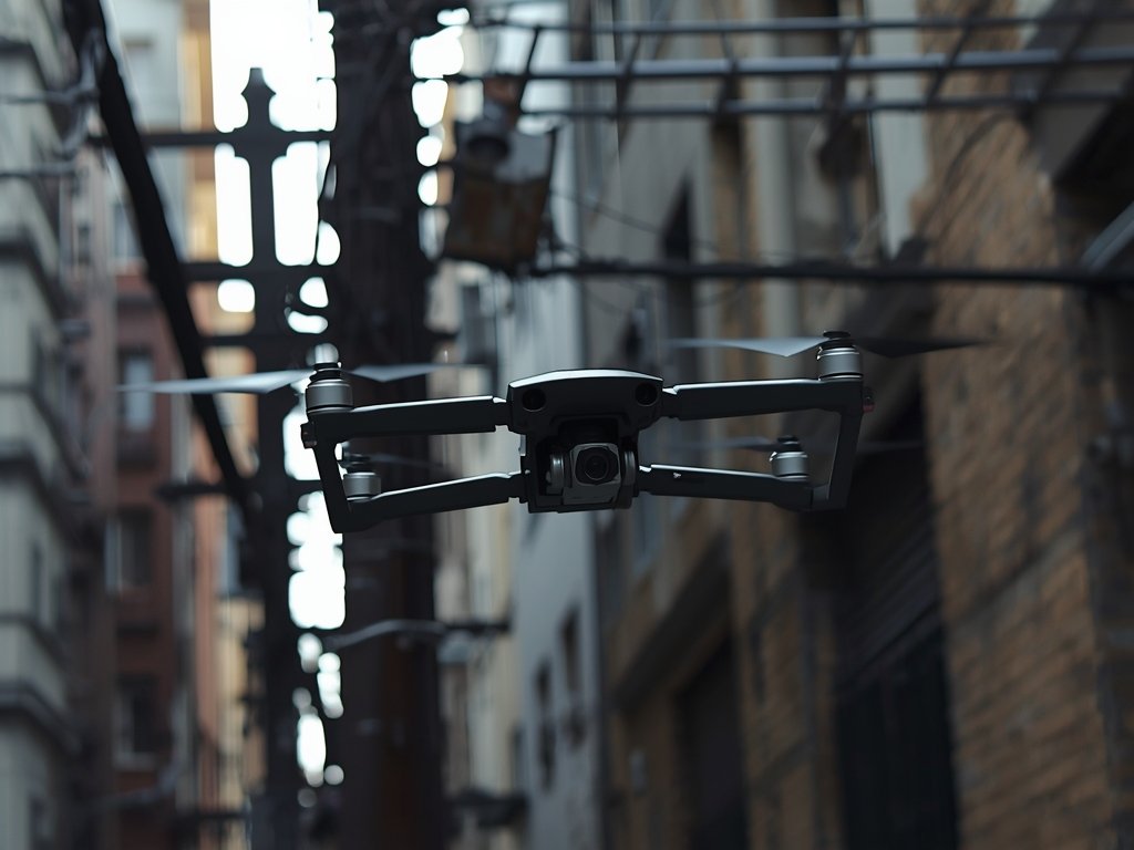 A surveillance drone navigating autonomously through a complex urban environment,