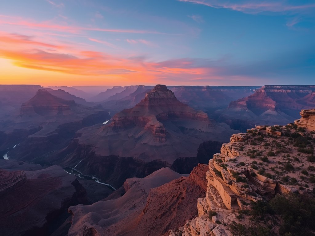 A sweeping aerial shot of the Grand Canyon at sunset,