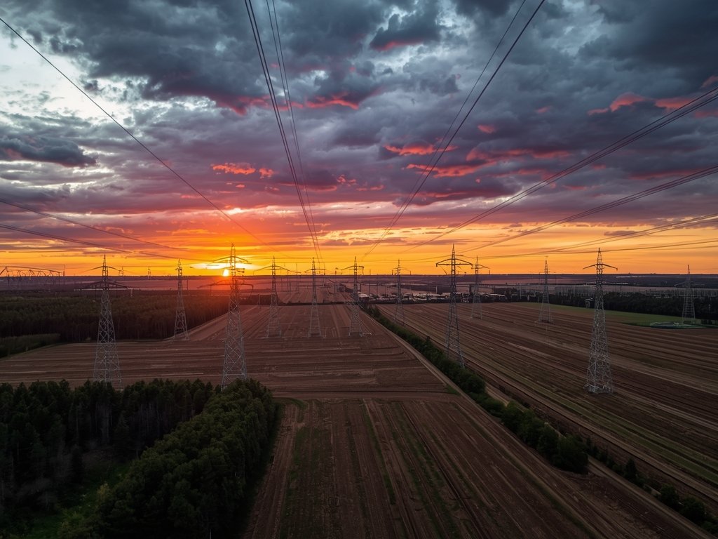 A sweeping aerial view of a vast American power grid,