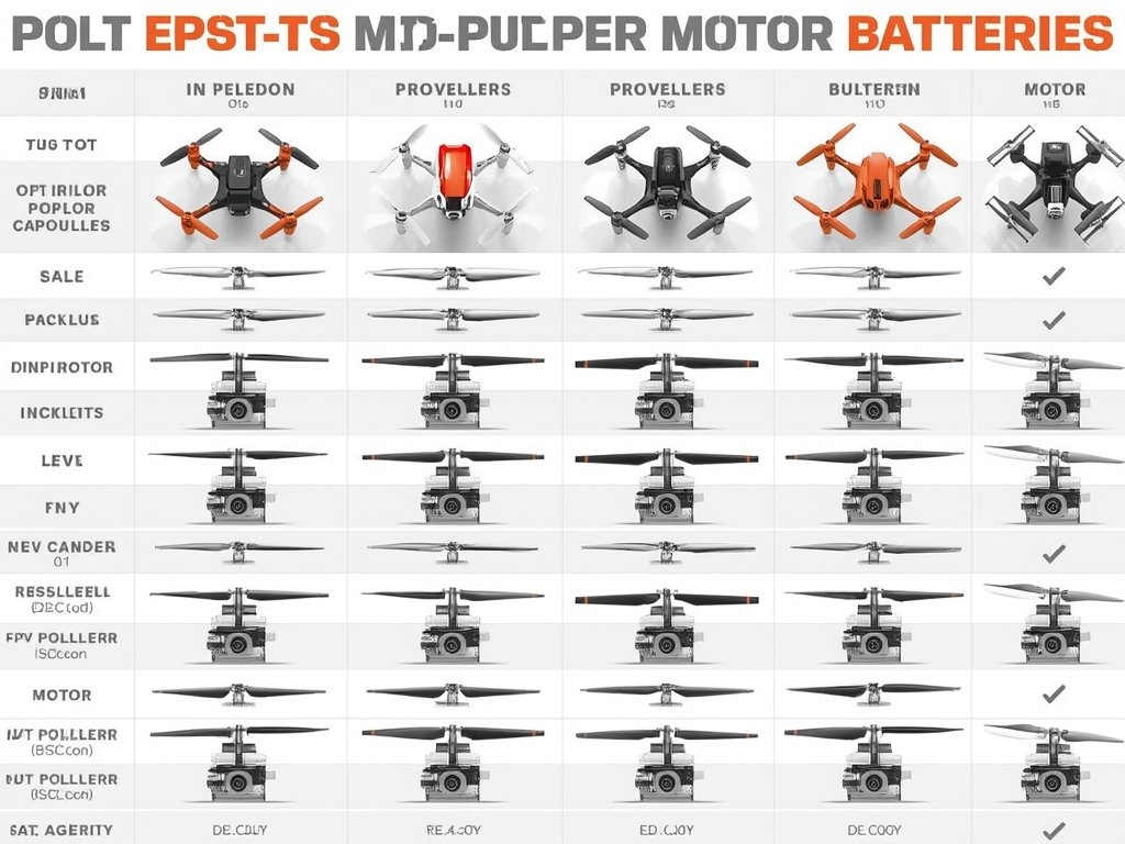A table displaying various FPV drone propellers, motors, and batteries,