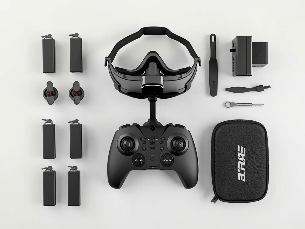 A tabletop setup showcasing essential drone racing gear: FPV goggles,