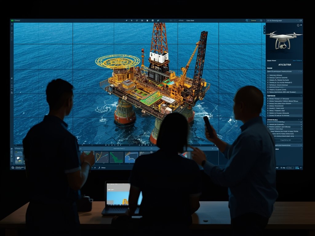 A team of engineers analyzing drone-captured data on a large