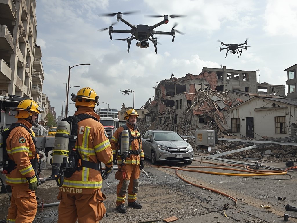 A team of first responders using drones to assess a