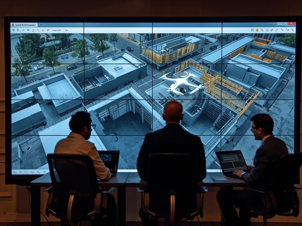 A team of professionals analyzing drone-captured data on large screens,