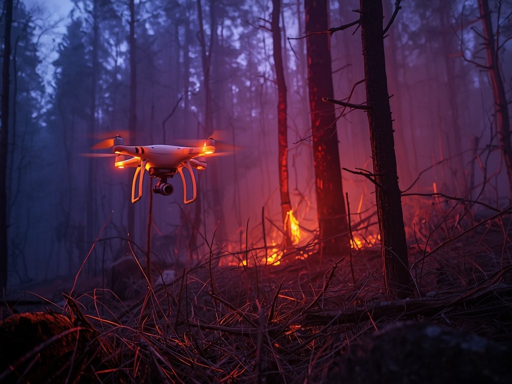 A thermal drone scanning a forest at dusk, identifying potential