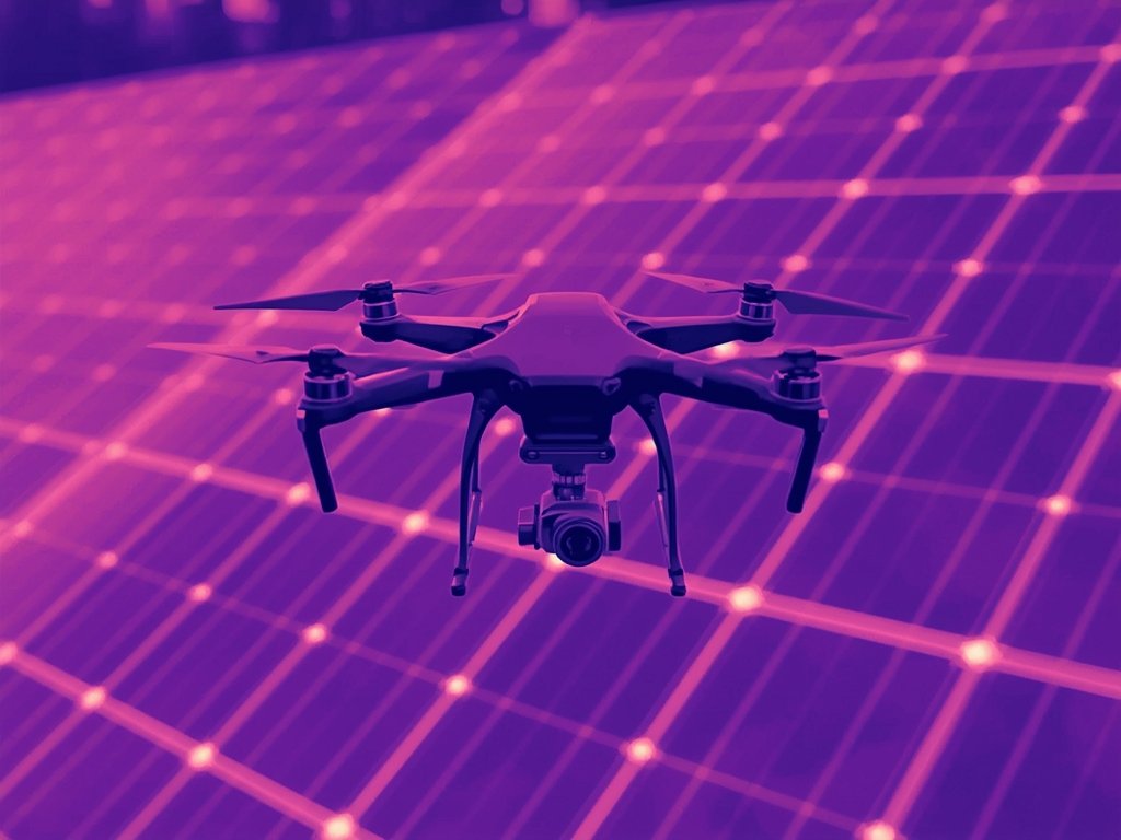 A thermal image of a solar panel farm, with a