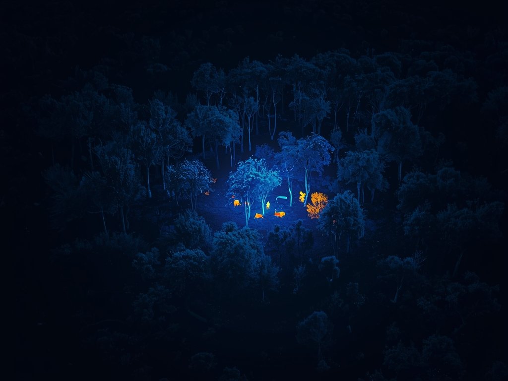 A thermal imaging drone flying over a dark, forested area