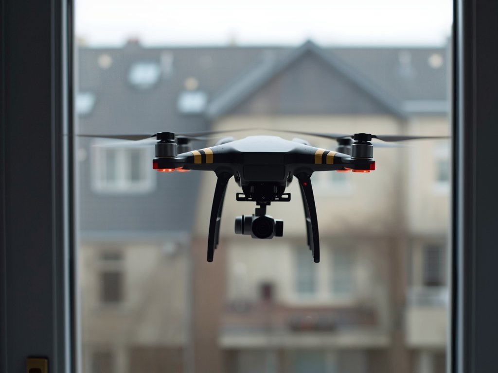 A thought-provoking image: a nano drone hovering outside a residential
