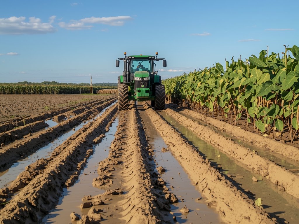 A tractor slowly moving through a muddy soybean field, leaving
