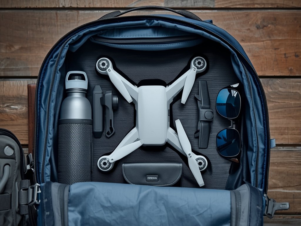 A traveler's backpack open to reveal a neatly packed drone,
