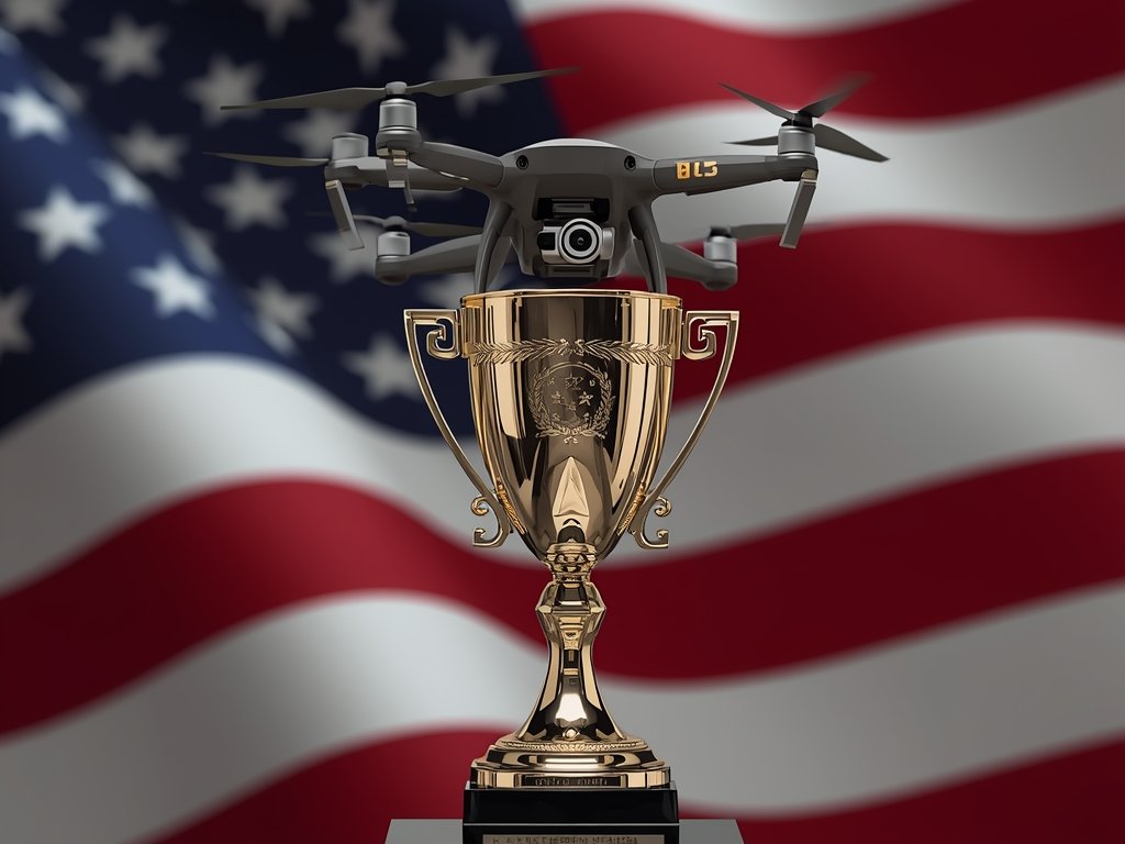 A trophy with a drone on top, set against a