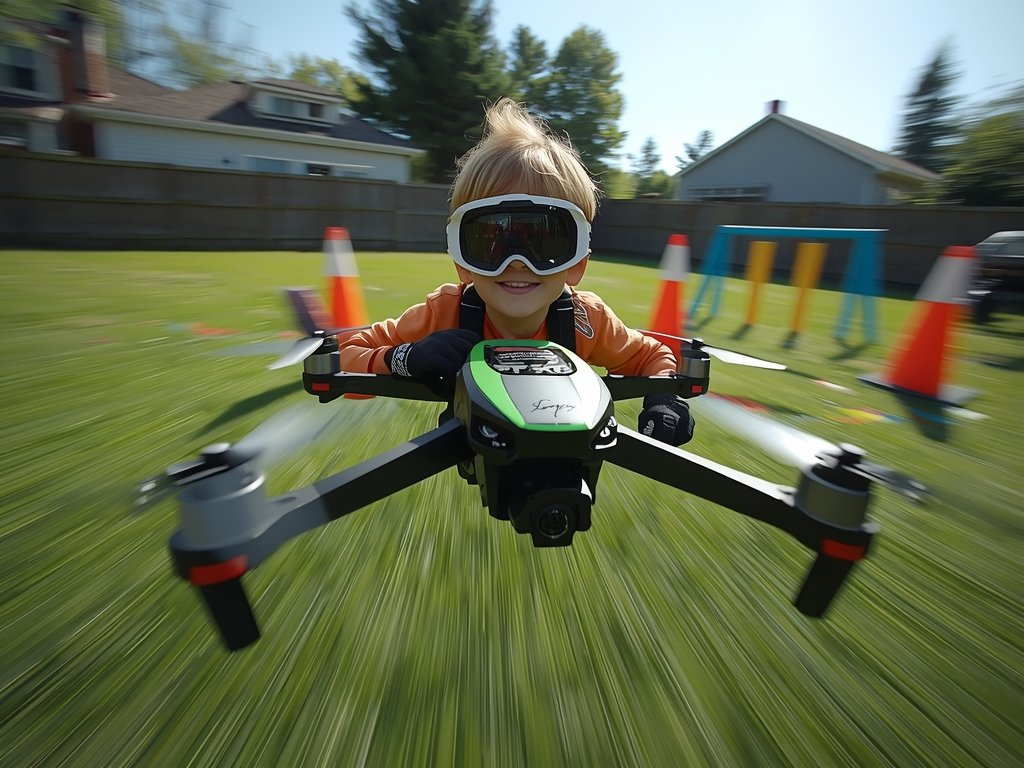 A vibrant, action-packed photo of a racing drone zipping through