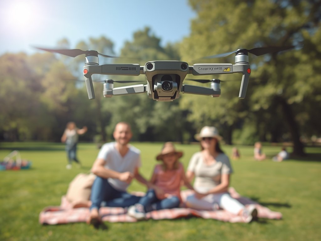 A vibrant, sunny park scene with a beginner-friendly drone hovering