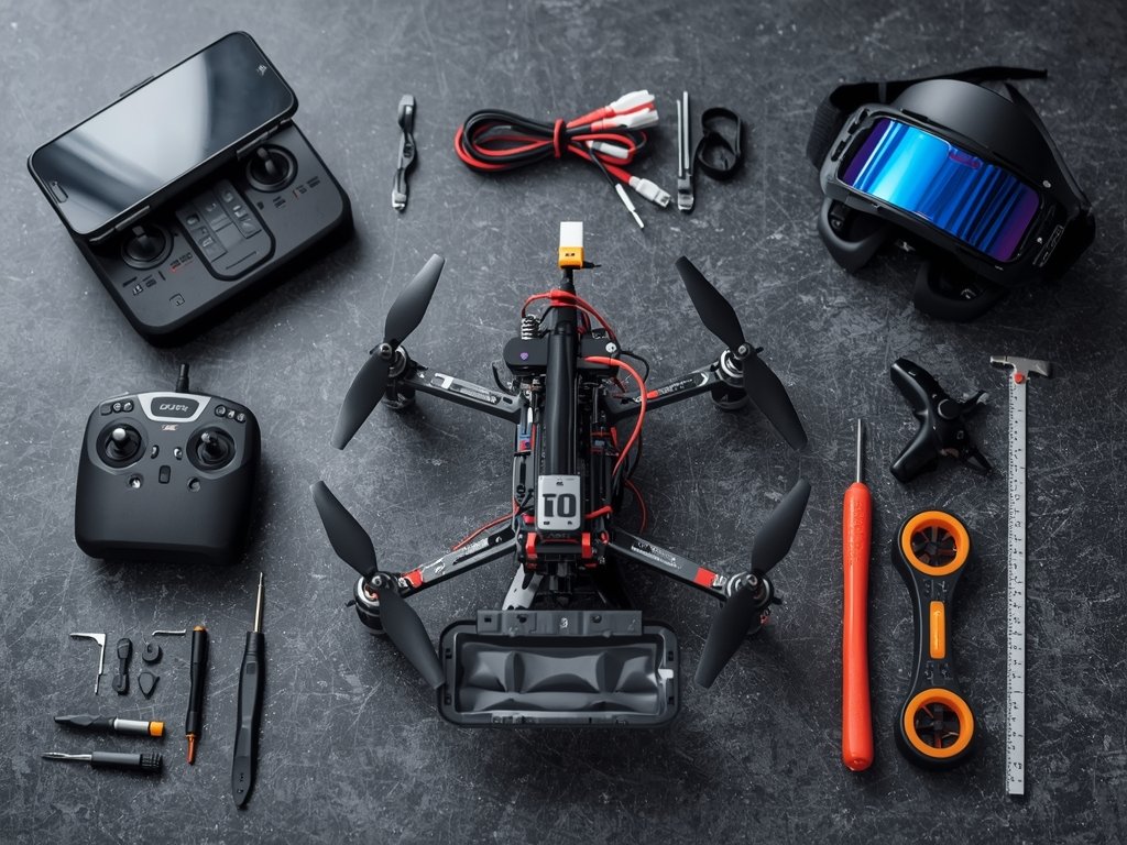 A well-organized workbench with a custom-built racing drone, FPV goggles,