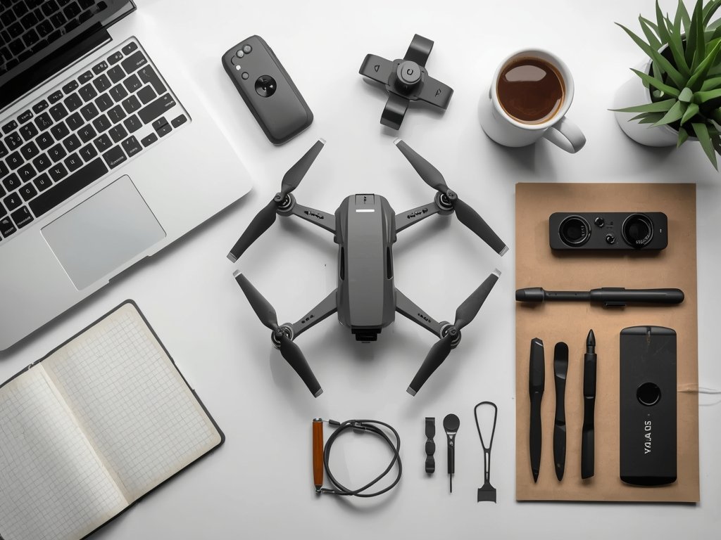 A workspace with a FPV drone, a laptop, and various