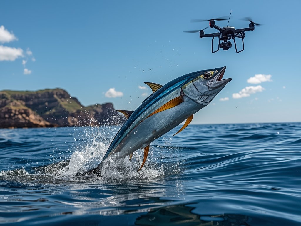 An action shot of a powerful tuna leaping out of