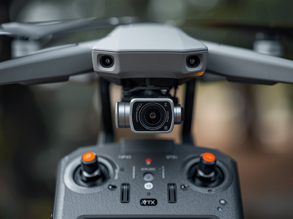 An FPV camera mounted on a drone, connected to a