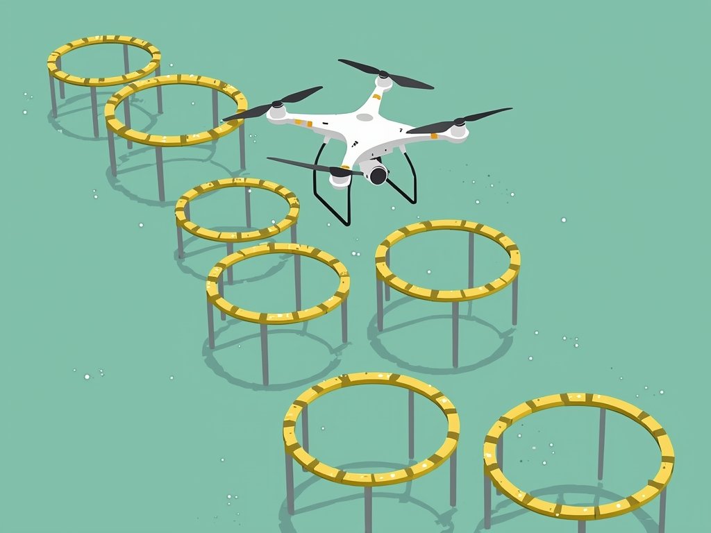 An illustration depicting a drone flying through a series of