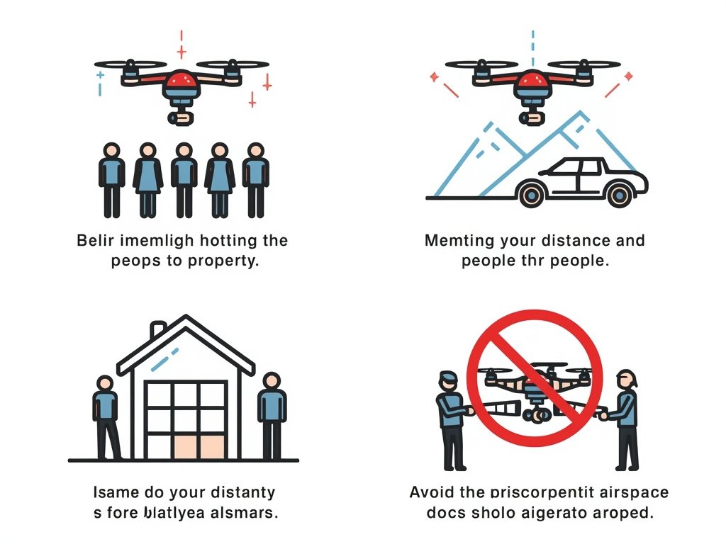 An illustration depicting safe drone flying practices, such as maintaining