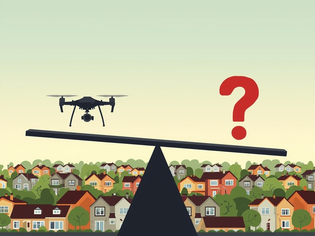 An illustration depicting the balance between drone technology and privacy,