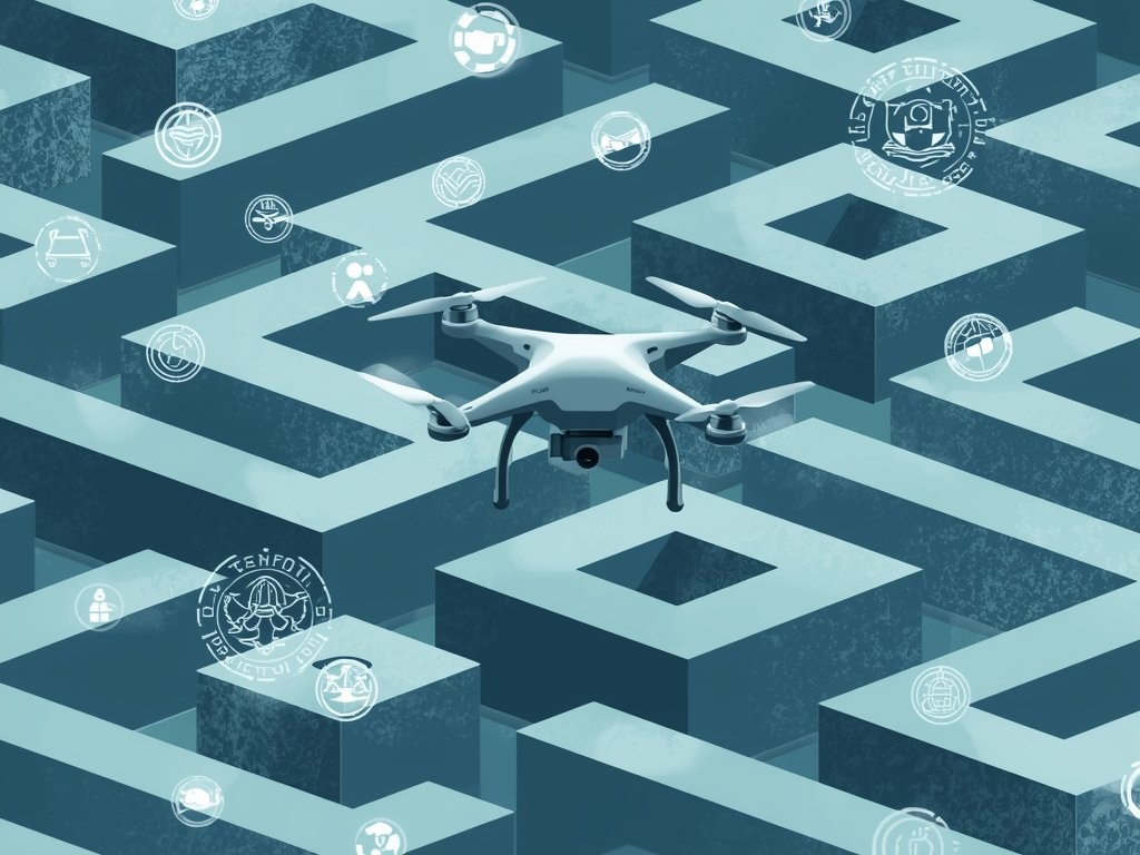 An illustration of a drone flying through a complex regulatory