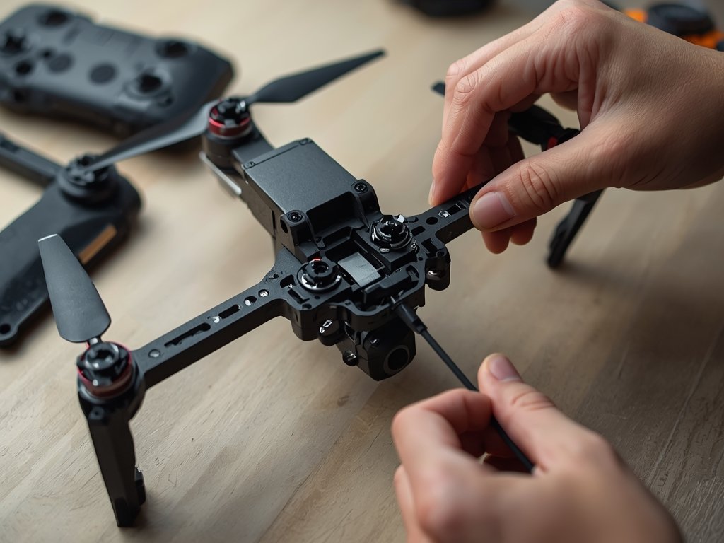 Close-up of a drone frame being assembled, with hands carefully
