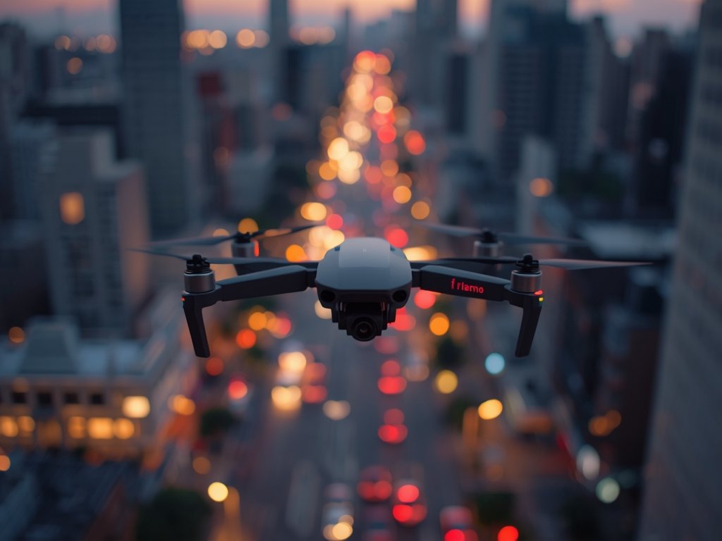 The AirDrift Nano drone hovering above a bustling cityscape at
