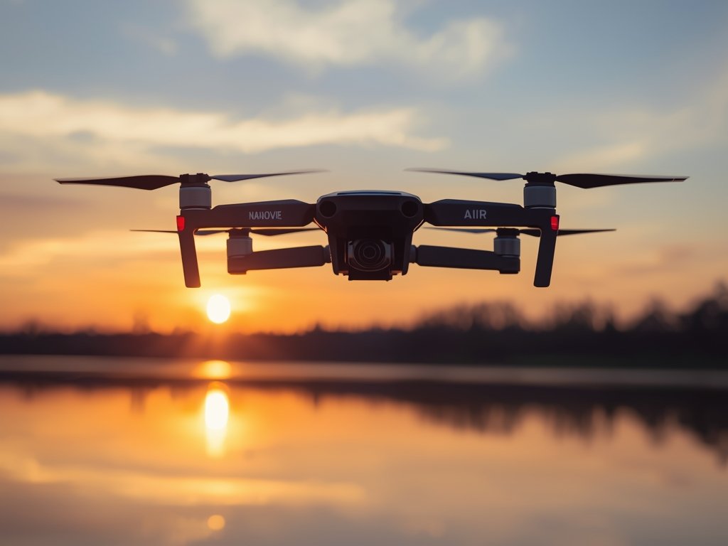 The NanoVue Air drone capturing a sunset over a tranquil