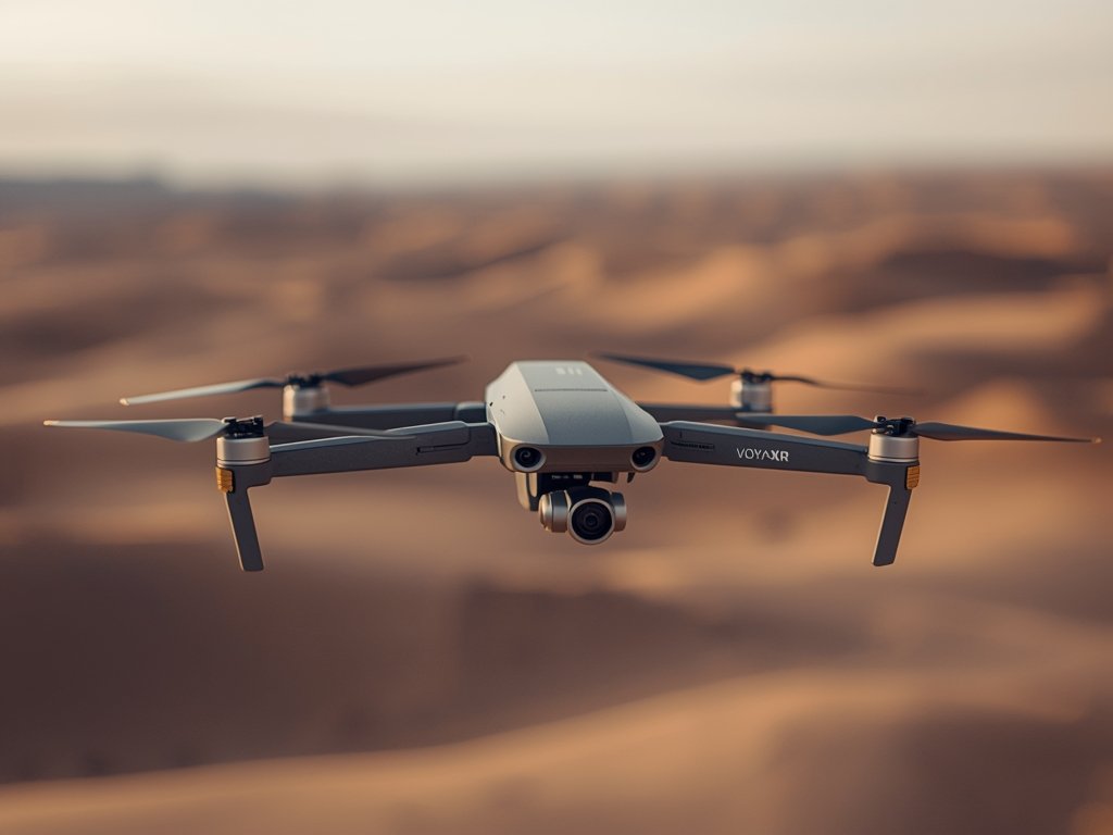 The Voyager X1 drone in mid-air, showcasing its sleek, aerodynamic