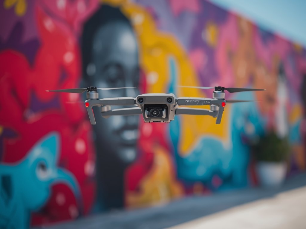 The ZipDrone Z5 hovering over a vibrant street art scene