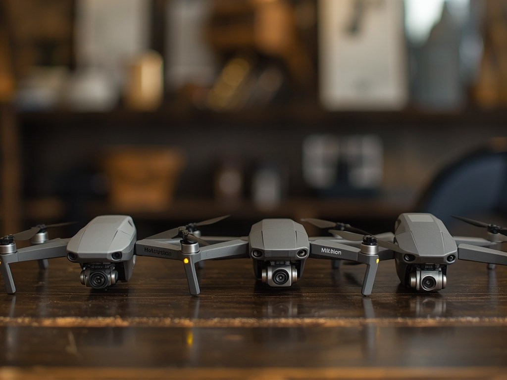 Three drones of varying sizes and designs lined up on